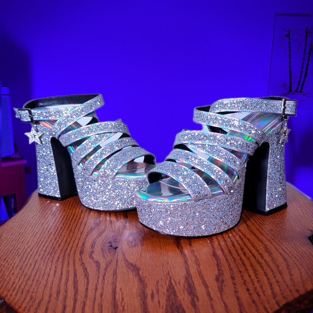 WORN twice Delia's Star Light Star Bright Glitter Platform Heels Dolls Kill